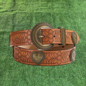 True Love Embossed Floral Alloy Details Brown Leather Belt Western Style XL NEW